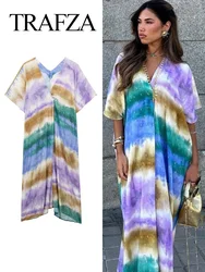 TRAFZA 2023 letnie szyfonowe Tye Dye damskie Midi sukienka z dekoltem w szpic Batwing z krótkim rękawem damskie sukienki średniej długości