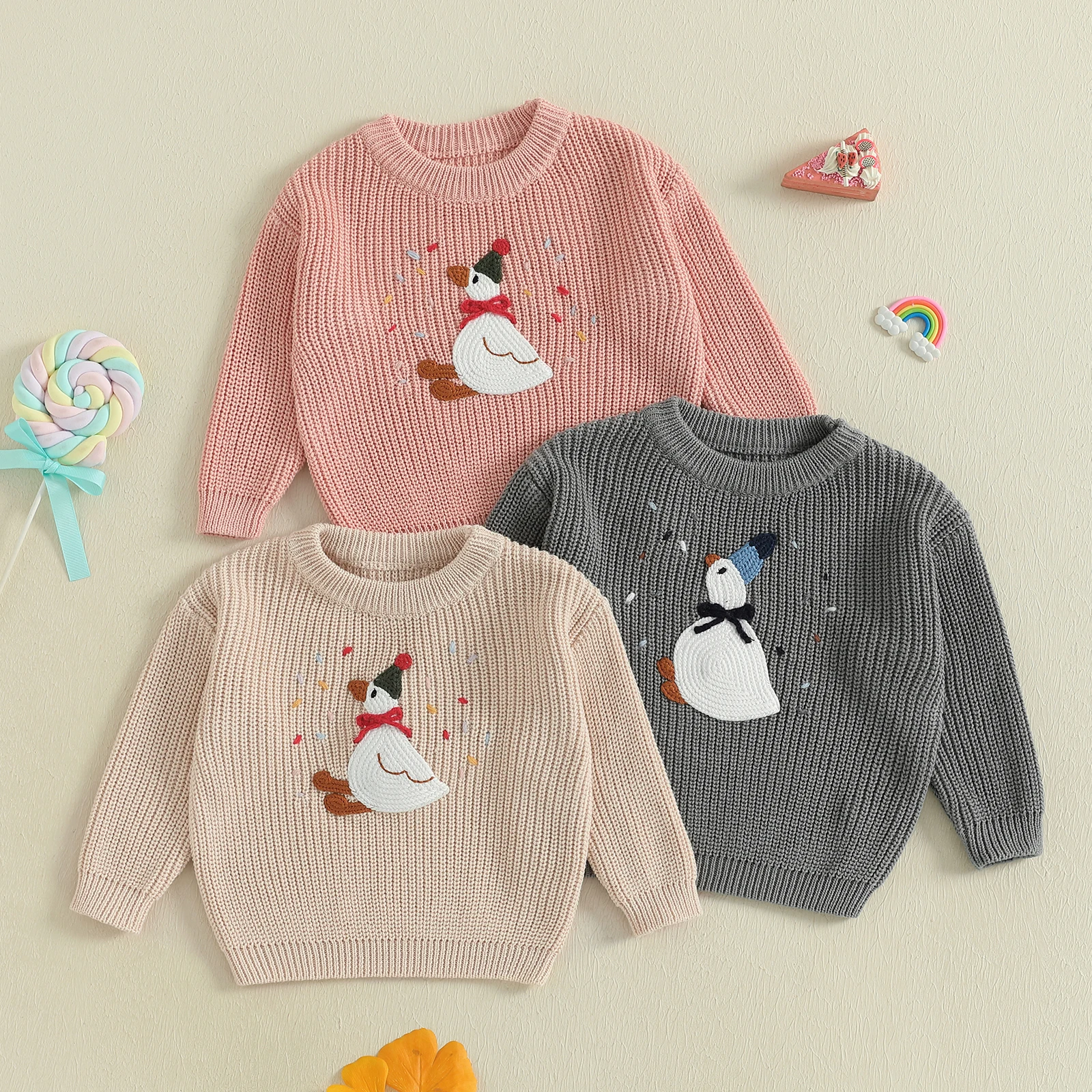 

Tregren Toddler Baby Birthday Sweaters Winter Warm Long Sleeve Round Neck Silly Goose Embroidery Pullover for Infant Boys Girls