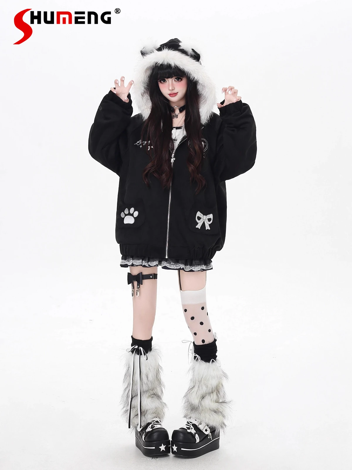 

Original Streetwear Sweet Cool Girl Cat Ear Hooded Cartoon Embroidery Loose Casual Warm Thick Plush Cotton Jackets Women Winter