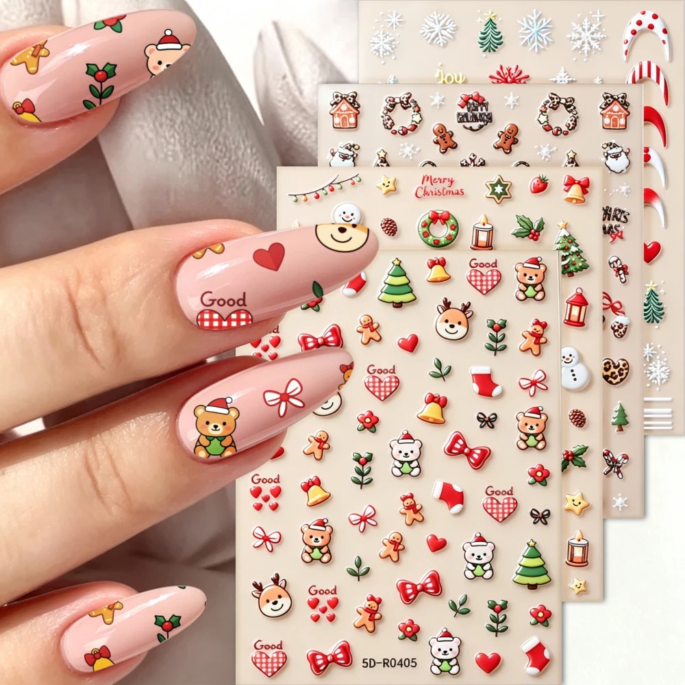 1/4Pcs 5D Christmas Nail Decals Embossed Snowflake Wreath Sock Bear Candy Cane Tree Nail Decals DIY Festival Holiday Nail Slider