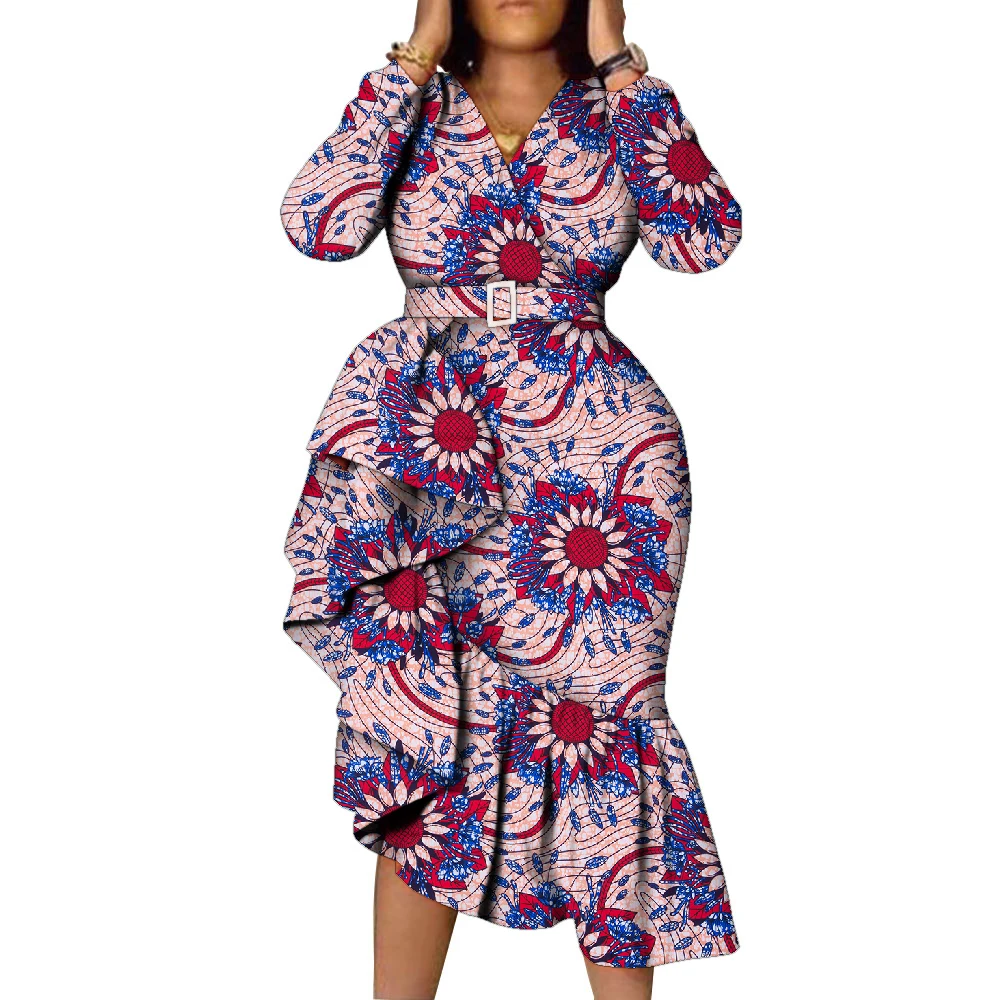 African Long Sleeve Women's Dress Wax Printed Kitenge Design Ruffle Irregular Hemline Dresses African Women Party Clothes WY676