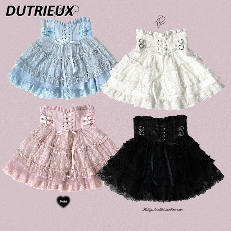 Sweet and Cute Girl Lace Strap High Waist Mine Tie Lace-up Mini Skirt Spring Summer New Versatile A-line Y2k Short Skirts