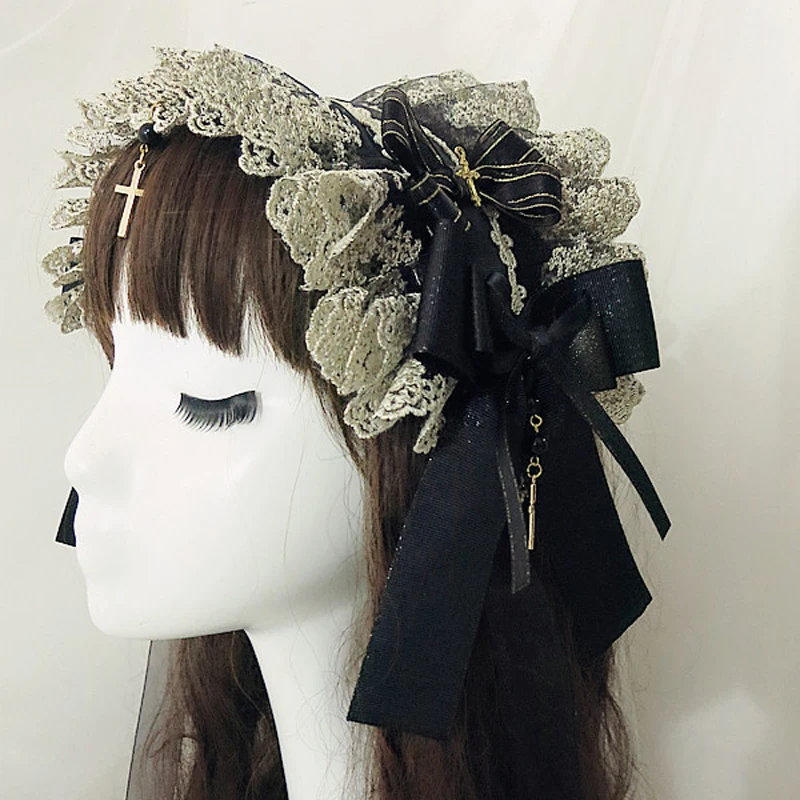 Handmade Gothic Lolita Headwear Daily Palace Retro Black Bow lace veil Hairband Women sweet Headband Accessory C