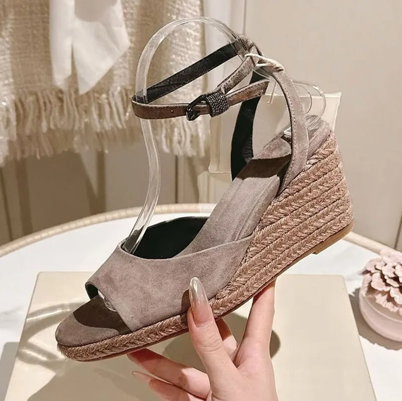 Sandalias de tacón de cuña tejidas con cuerda de cáñamo para mujer, Sandalias de cuero genuino con punta abierta y correa en el tobillo, zapatos de vestir de fiesta a la moda de verano