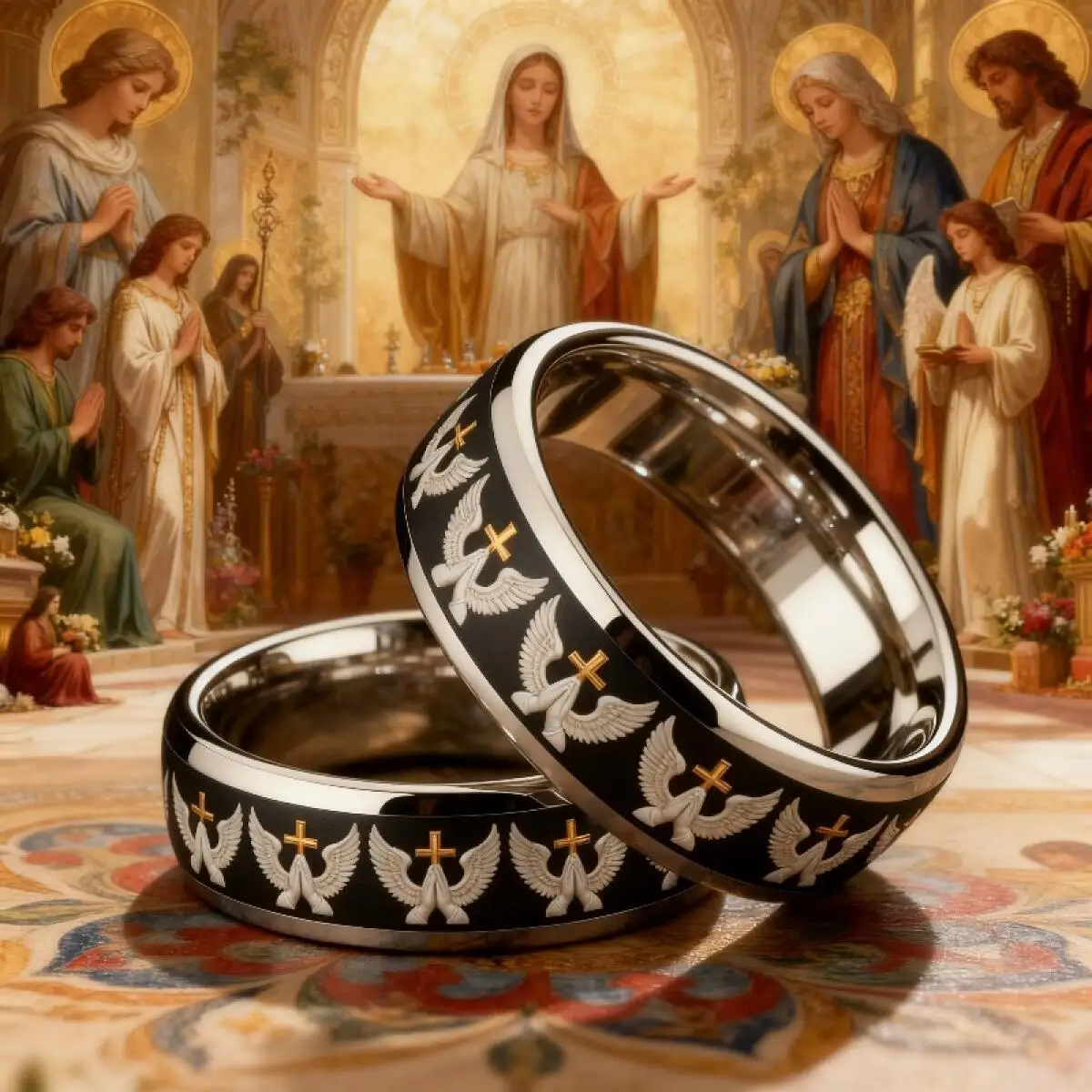Vintage Men's Stainless Steel Angel Wing Prayer Hand Rings for Men Religious Christian Jesus Cross Ring Retro Amulet Jewelry