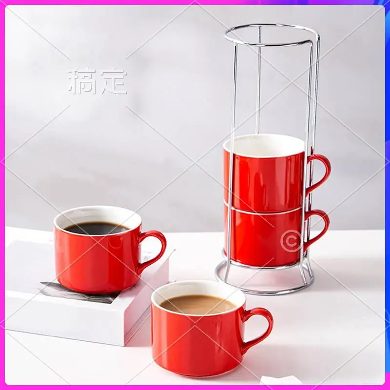 

NEW-Porcelain Stackable Cappuccino Cups With Saucers And Metal Stand, Espresso Cups For Latte Coffee Cafe,Specialty Coffee