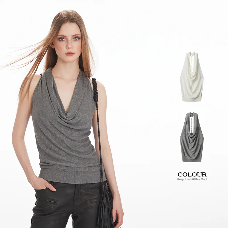 

Весенне-летний новый вязаный свитер в стиле панк, однотонный, с открытой спиной, универсальный дизайн для многослойных образов, для модных девушек, средней плотности, с круглым вырезом