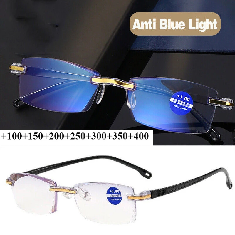 Randlose Lesebrille Für Männer Frauen Retro Platz Ultraleicht Anti Blau Licht Brillen Presbyopie Optische Brillen Harz Vergrößern