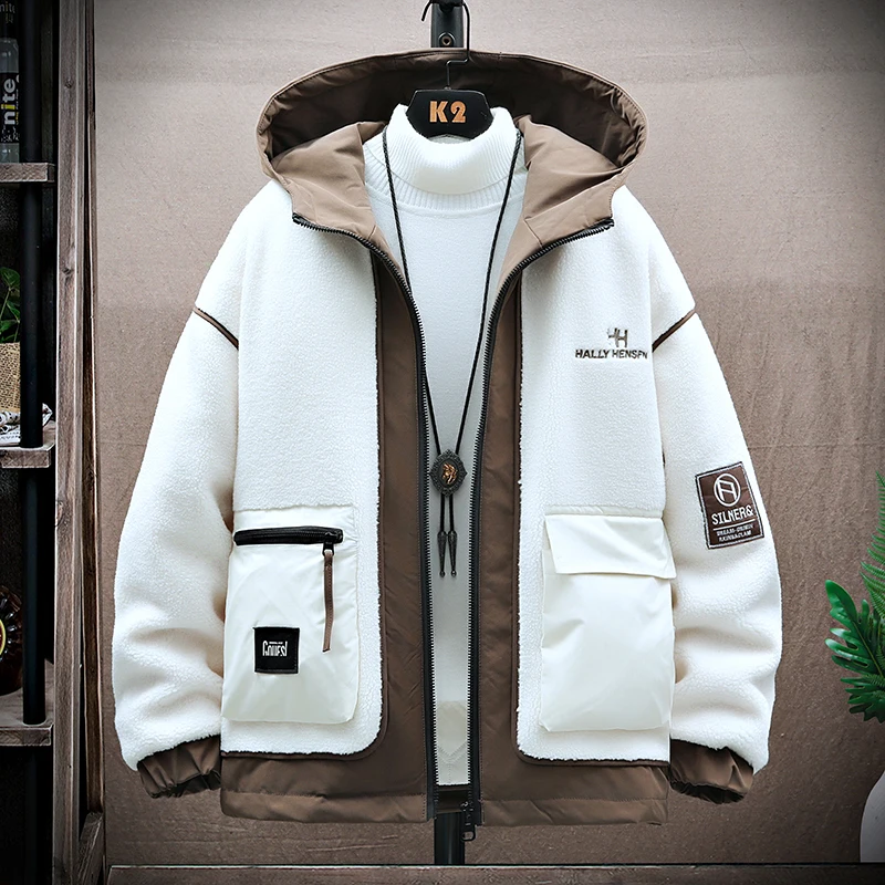 Lamb wool cotton-padded jacket, hooded color combination thick windproof warm jacket, trend simple all-in-one top 2024 winter ne