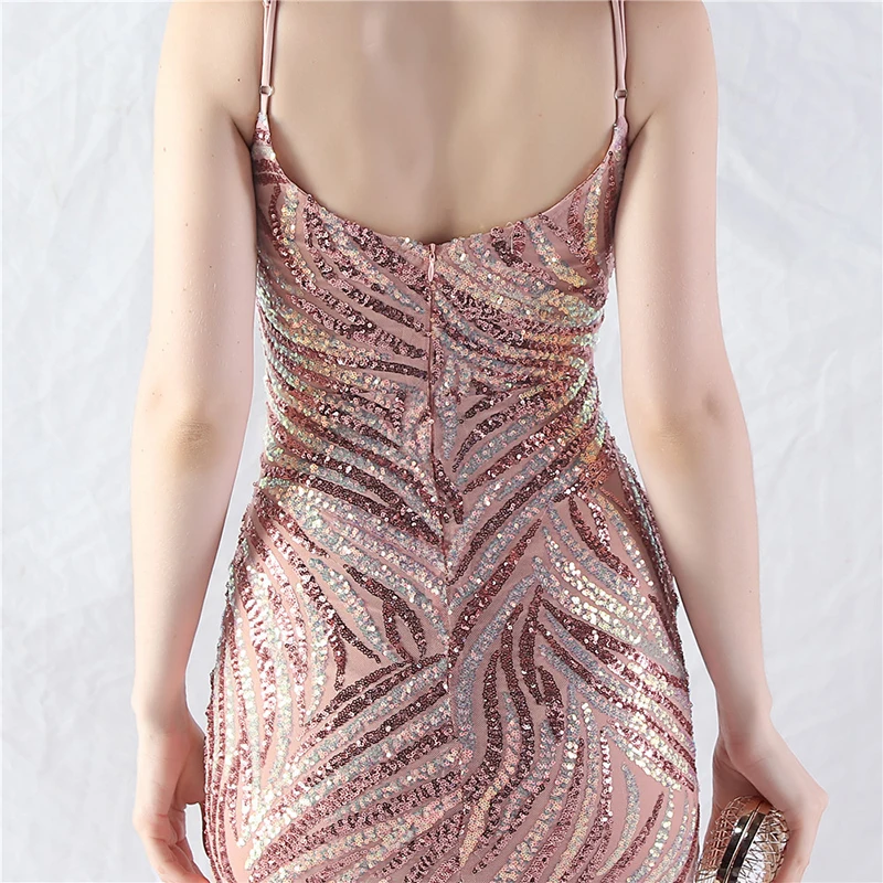 2025年夏 セクシーワンピース レディース スパゲッティストラップ バックレス スパンコール メッシュ カクテル プロム ボールガウン イブニングパーティー ロング マキシドレス