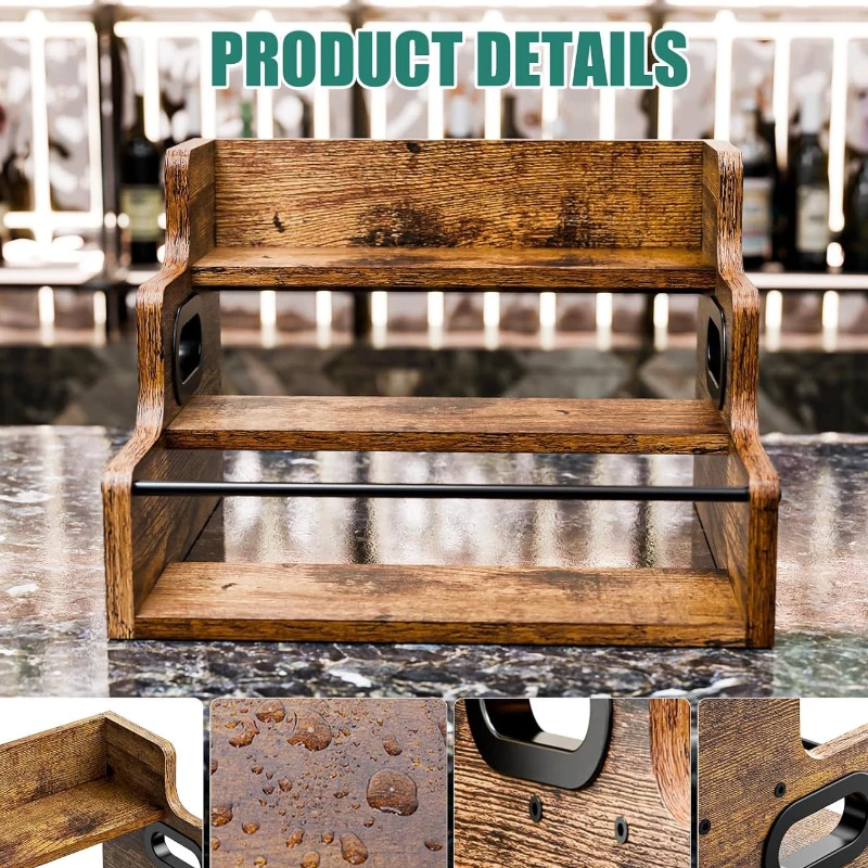 رف عرض النبيذ من الحديد والخيزران - منظم توابل على سطح الطاولة موفر للمساحة مع رف عرض تخزين بتصميم مضاد للرطوبة
