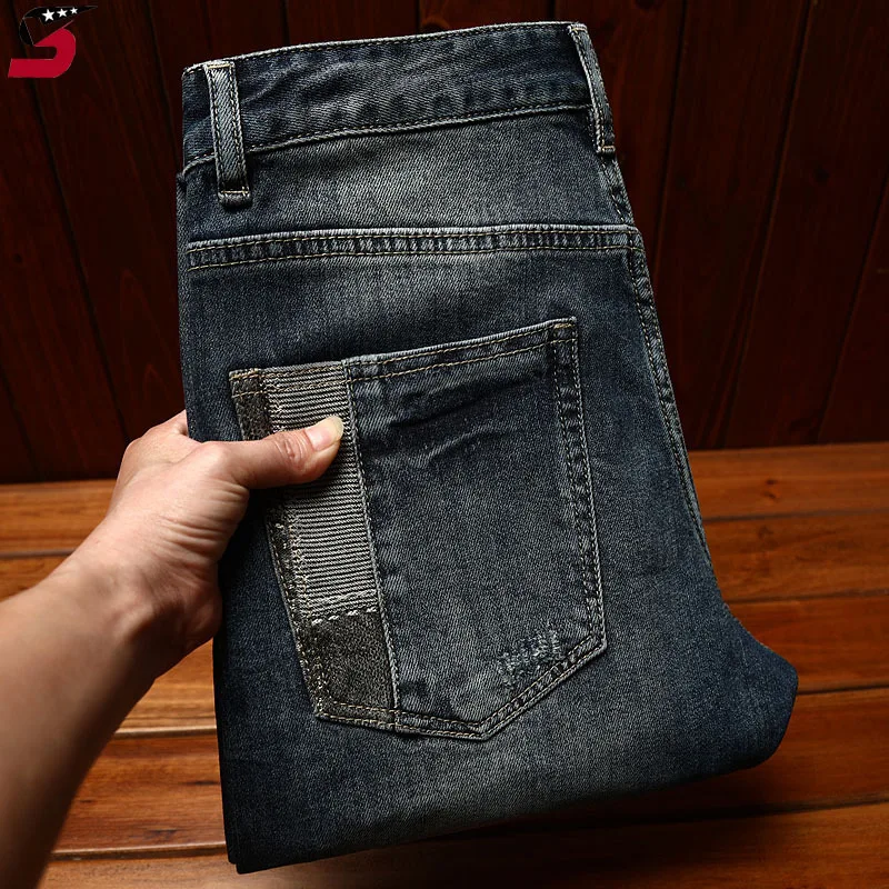 Fashion haulage motor jeans men's fashion street slim fit skinny stretch casual Korean style all-match stitching trousers