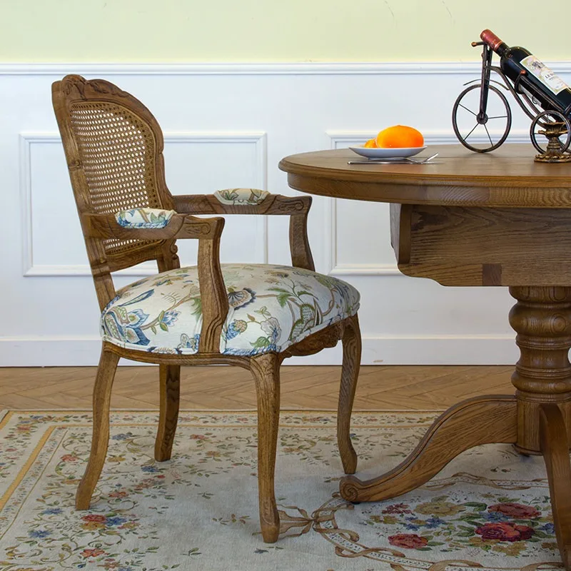 American country solid wood dining chair retro pastoral jacquard pattern fabric home with armrests leisure chair back chair