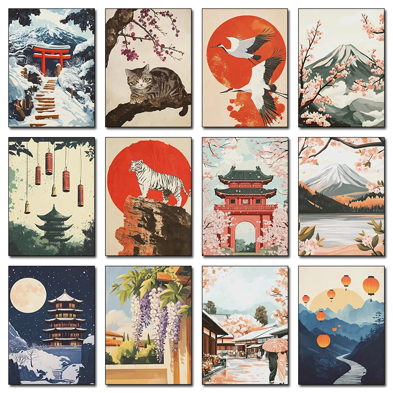 1pc frameless Canvas Painting Abstract Japanese Cherry Blossom Mount Fuji Shrine Cartoon Illustration Poster Canvas Paintings Wa