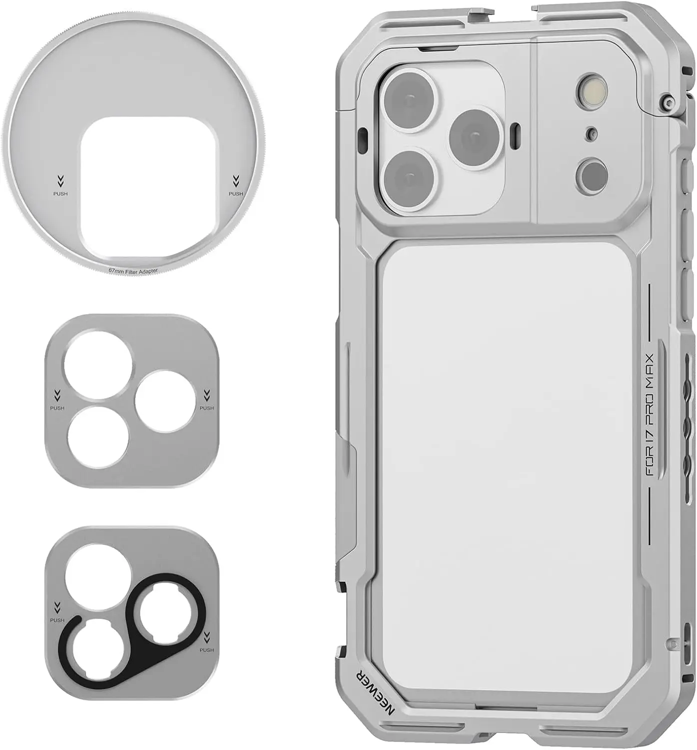 NEEWER مثبت فيديو قفص الهاتف متوافق مع iPhone 17 Pro مع حلقة مرشح 67 مم، لوحة خلفية للعدسة مقاس 17 مم باللون الفضي #2