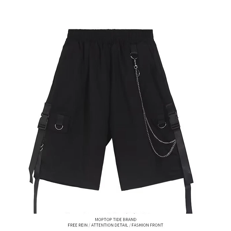 

Black Functional Style Shorts Casual Loose Straight Chain Workwear Five-Point Pants Summer Fashionable Mr. WH Youthful Energy