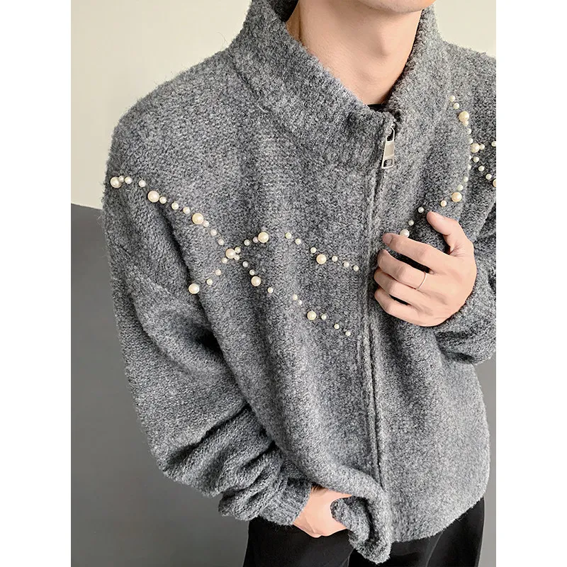

ay Zipper Knitted Sweater Men's Lazy Outerwear Hand Sewn Pearl Decoration Autumn Winter Warm Long Sve Cardigan for Couples