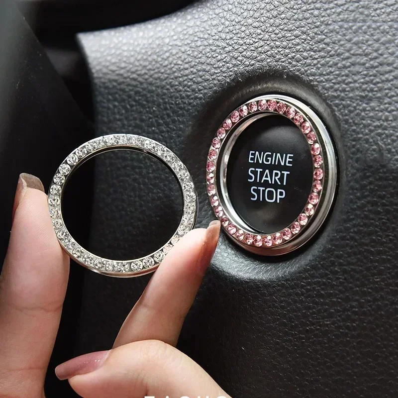 1/2/3pcs Cars One-Key Engine Start Stop Ignition Push Button Switch Cover Decorative Rhinestone Diamond Crystal  Car Decorative