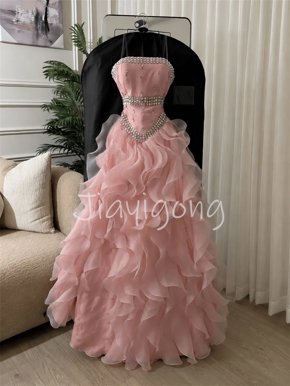 Customized Fashion Organza Pleat Sequined A-line Strapless Long Luxury Party Prom Dresses Classic Sparkle Formal
