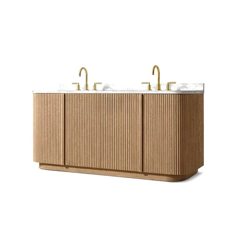 

X0 Rounded corner bathroom cabinet Oak arc grille board bathroom double basin hand wash face cabinet floor cabinet