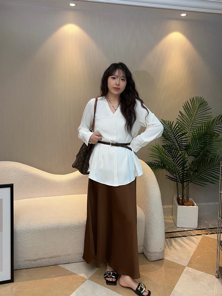 

Ele Pure Color Umbrella Hem irt for Plump Women Waist-Cinching plus Size Top Simple Design Casual Faionable