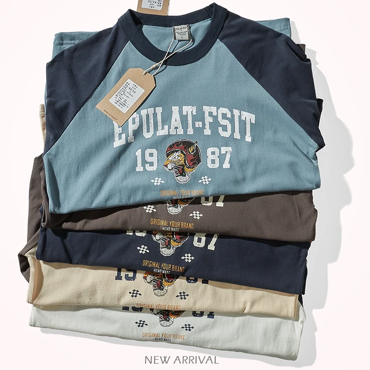 Jesień amerykański Retro z długim rękawem O-neck lokomotywa koszulka z nadrukiem moda męska 100% bawełna mycia kontrast łączenie Casual topy