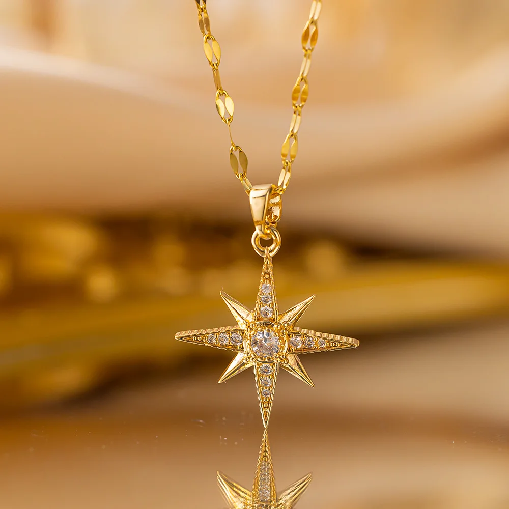 French Light Luxury and High-end Six-pointed Star Titanium Steel Necklace for Women, Versatile Micro-embedded Clavicle Chain