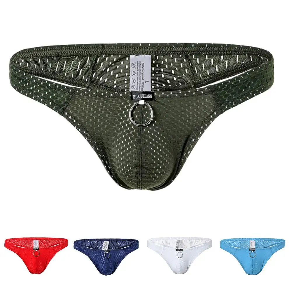 

Men Ice Silk Mesh Solid Color Breathable Gay Sissy Pouch Underwear Erotic Hombre Underpant Hollow Out Panties See Through Thong