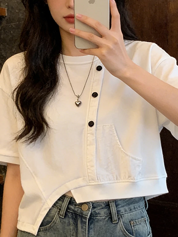 

plus Size Casual Korean Design Color Block Short Sleeve T-Shirt Loose Fit Versatile Slimming Top for Women Summer 2026