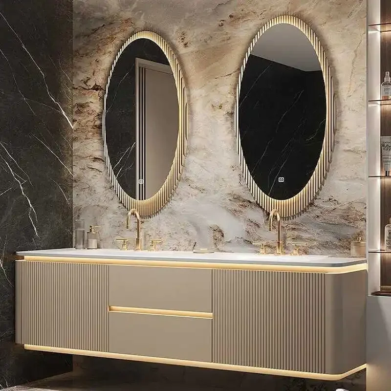 Mueble de baño de doble lavabo, losa de roca, lavabo integrado doblado en caliente, mueble de lavabo combinado de roble para baño