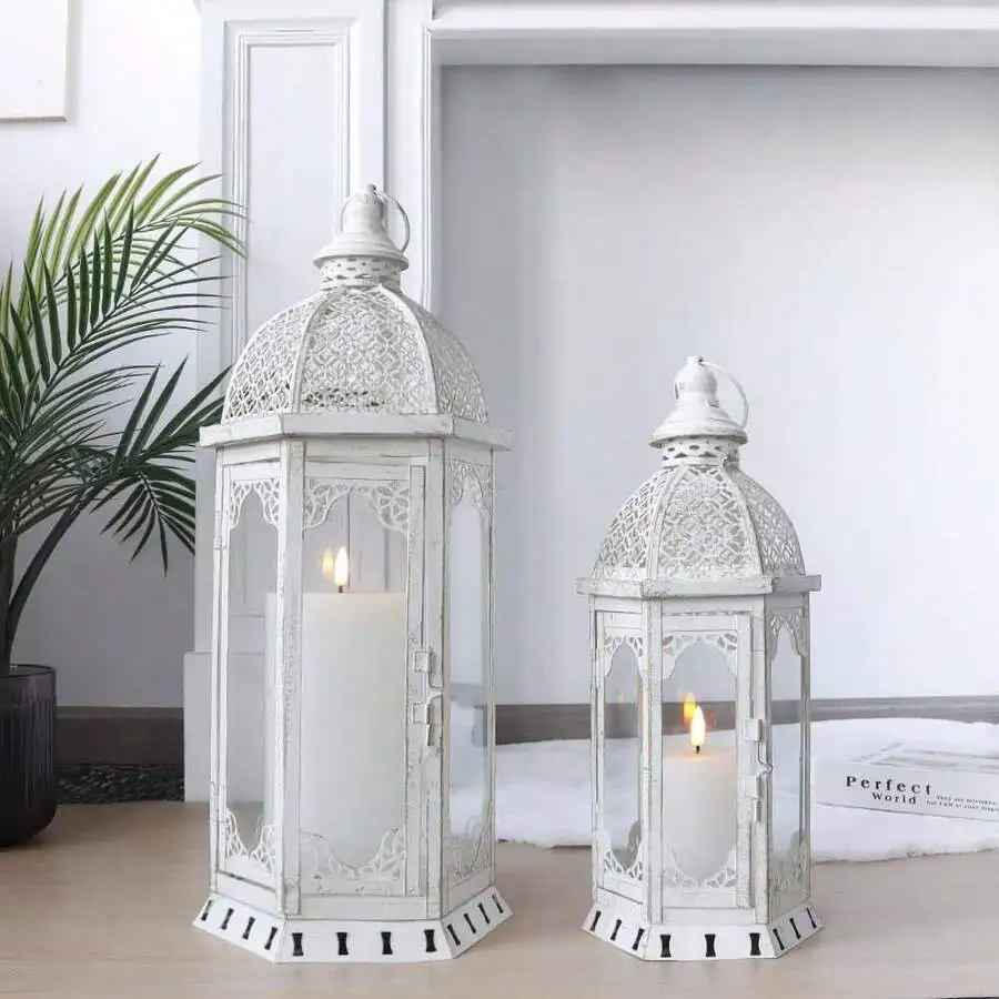 Set Of 2 Decorative Candle Lanterns 22'&17' H Outdoor Vintage Metal Candle Holder For Garden Living Room Indoor Parties Weddings