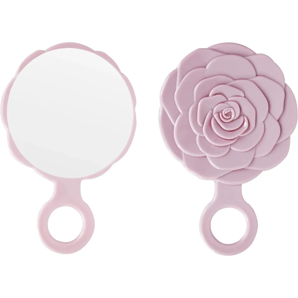 

Round rose bud small hand mirror with handle (plastic pink, 9.1 x 6 inches)