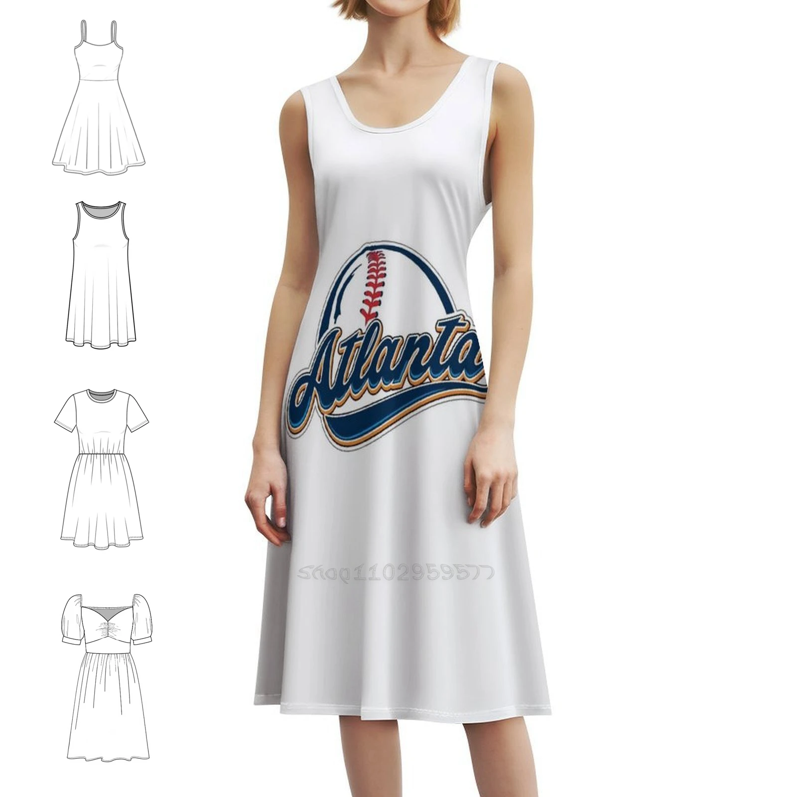فستان بيسبول أتلانتا على الطراز الكوري للنساء فستان كاجوال أنيق للحفلات أو الارتداء اليومي كرة أتلانتا البيسبول الرياضة البيسبول