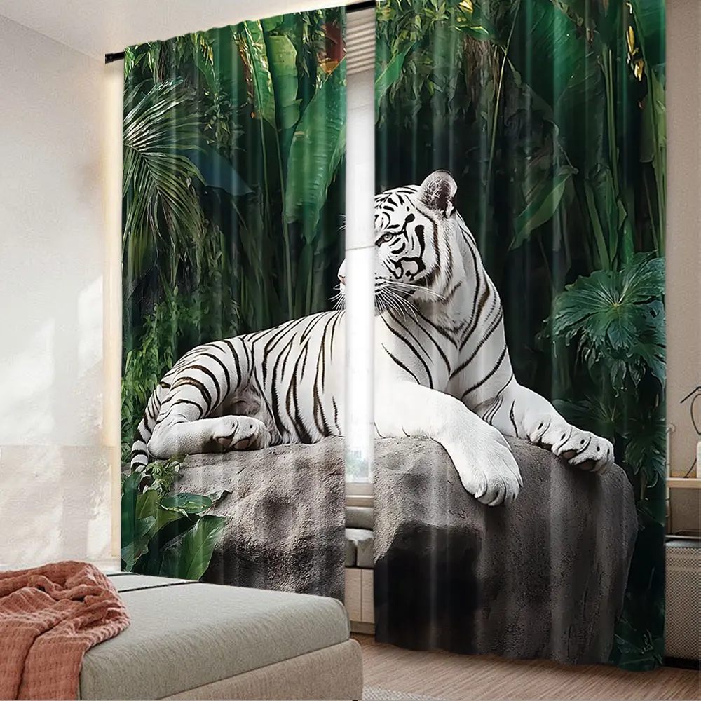 2Pcs Animals Curtain White Tiger Setting On Stone Tropic Plants Leaves Wild Jungle Majestic For Bedroom Living Room And Dining