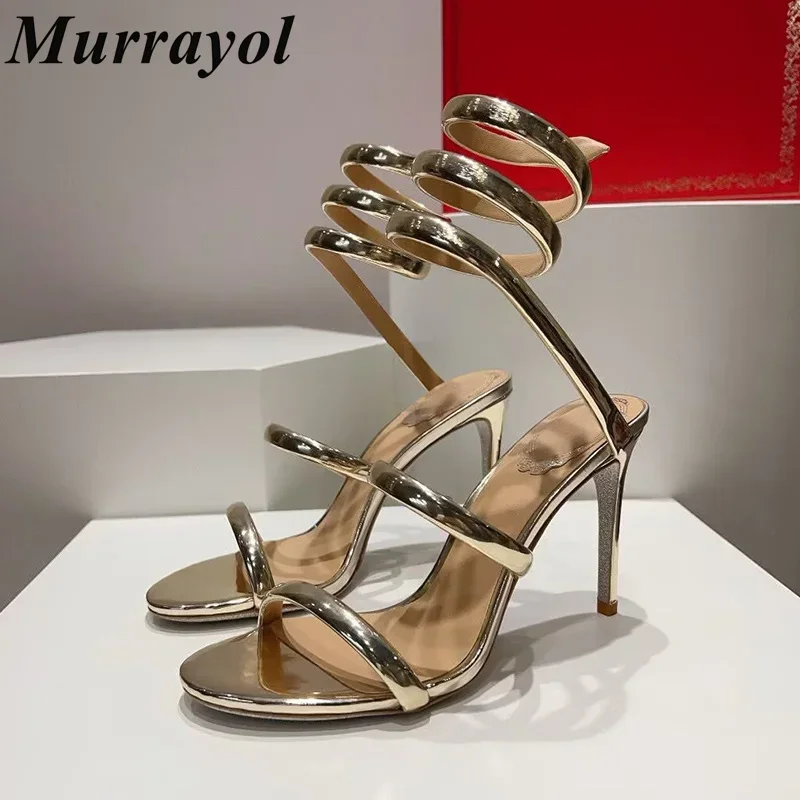 Shiny Leather One Strap Thin High Heels Sandalias Women Ankle Snake Shaped Strap Entanglement Sandals Summer Party Dress Shoes