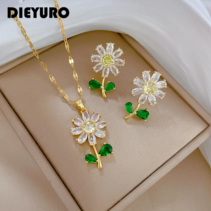 

DIEYURO 316L Stainless Steel Crystal Flower Pendant Necklace Earrings For Women Girl Fashion New Jewelry Set Lady Gift Party