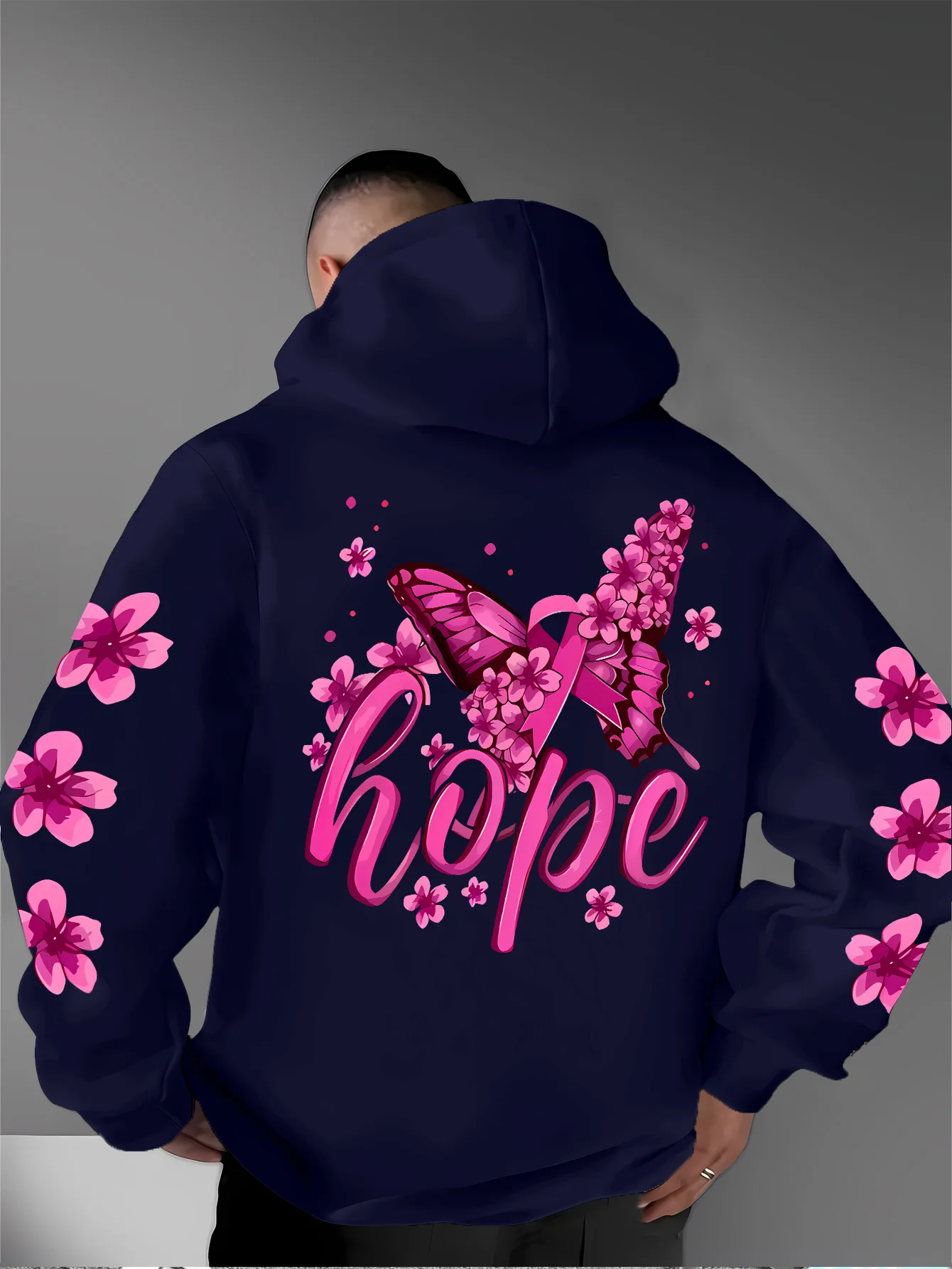 Herren Sport Hip-Hop Hoodie Rosa Blumen Schmetterling Hoffnung Buchstaben Grafik Rückendruck Streetwear Fleece Pullover Sweatshirt – Detail 9