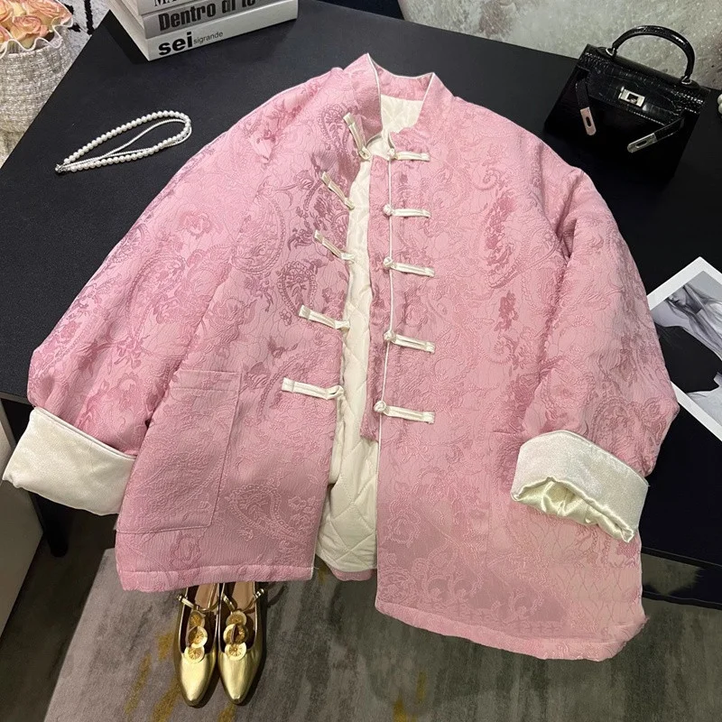 

Chinese Style Pink Flower Print Cotton Jacket Women Winter New Frog Button Womens Pockets Stand Collor Coat Casual Outerwears