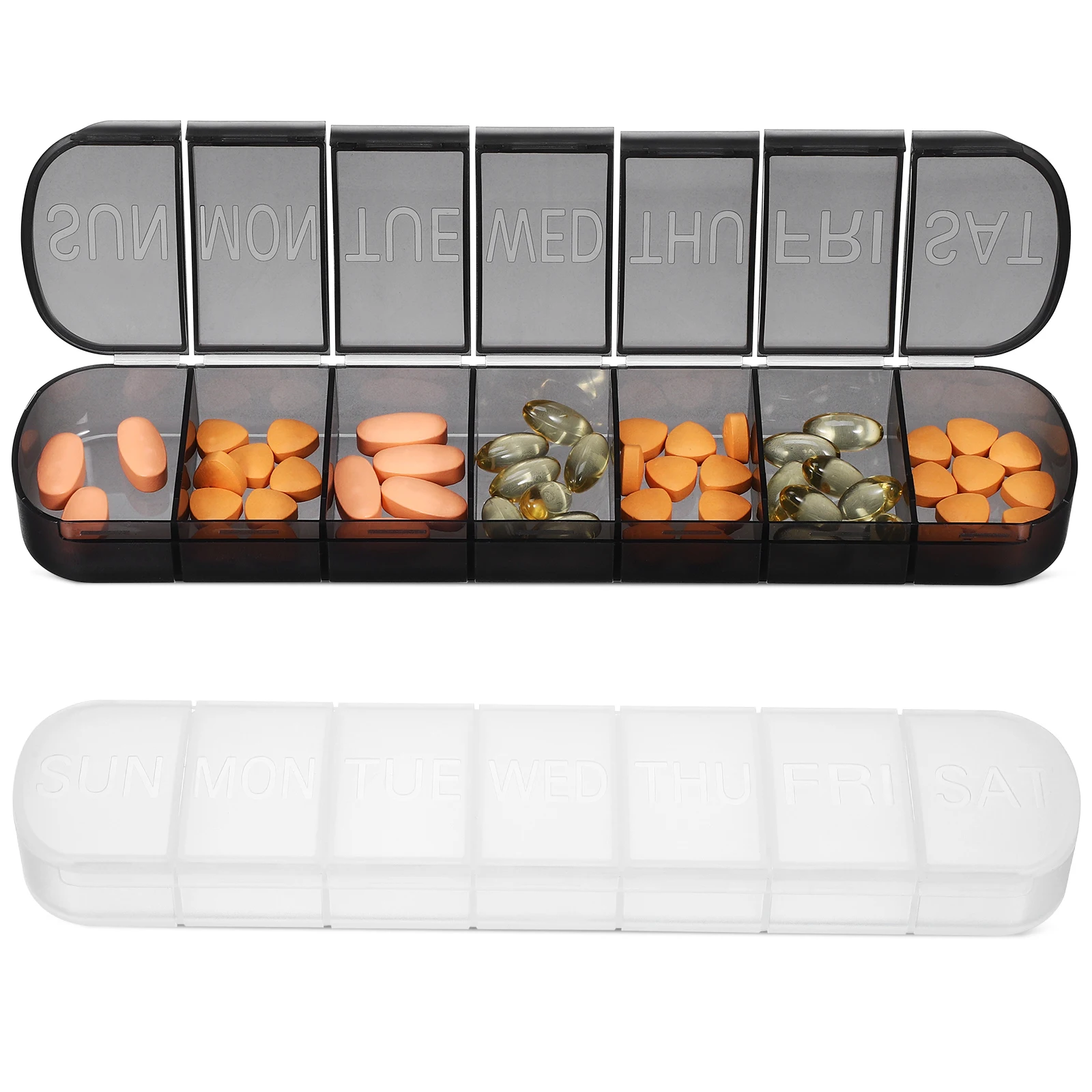

2 pcs Portable Weekly Pill Organizer 7 Compartments Clear White Black Travel Pill Box Vitamin Case Medication Holder