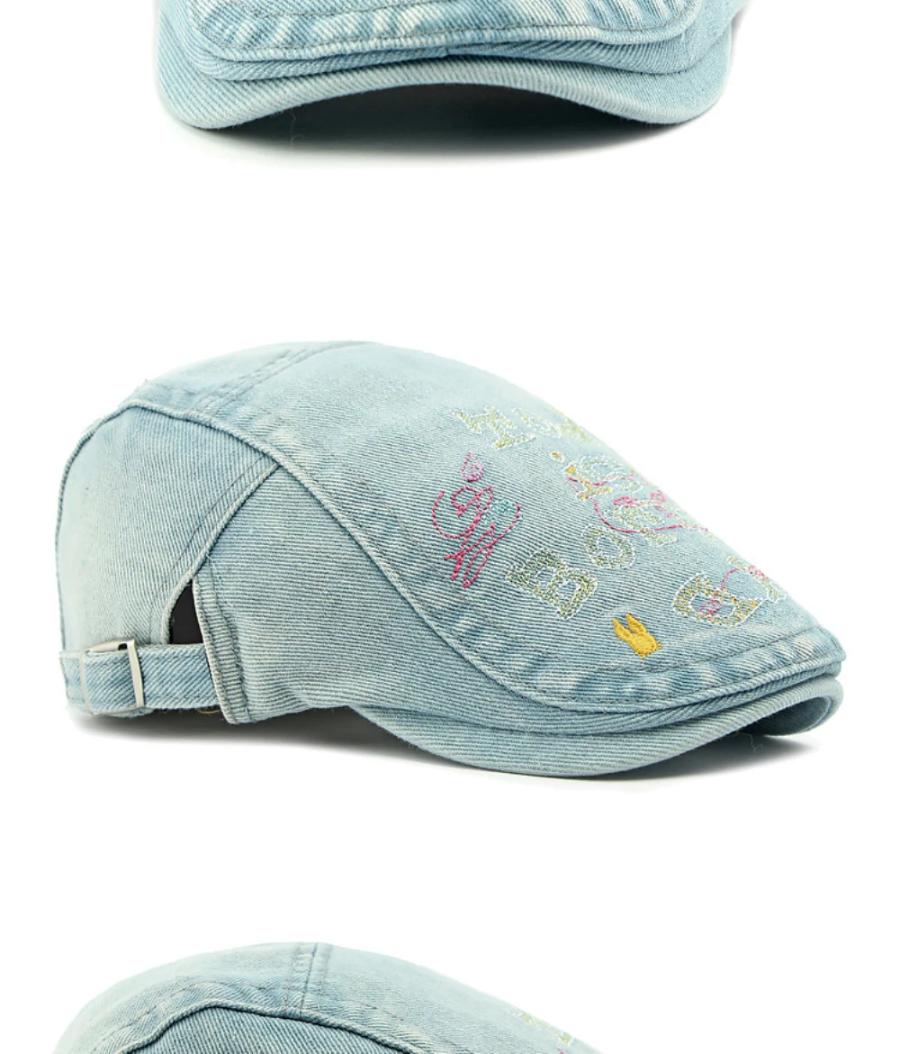 HT4739 Hochwertige Bestickte Buchstaben-Denim-Baskenmütze für Herren und Damen, Retro Künstler-Malermütze, Herren- und Damen-Ivy-Flatcap, Baskenmützen – Detail 6