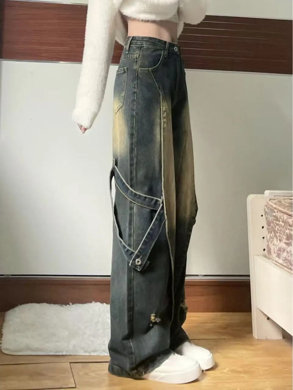 جينز أمريكي عتيق الطراز بخصر مرتفع للنساء، فضفاض ونحيف، بساق مستقيمة صغيرة وواسعة، مناسب للارتداء اليومي في جميع المواسم