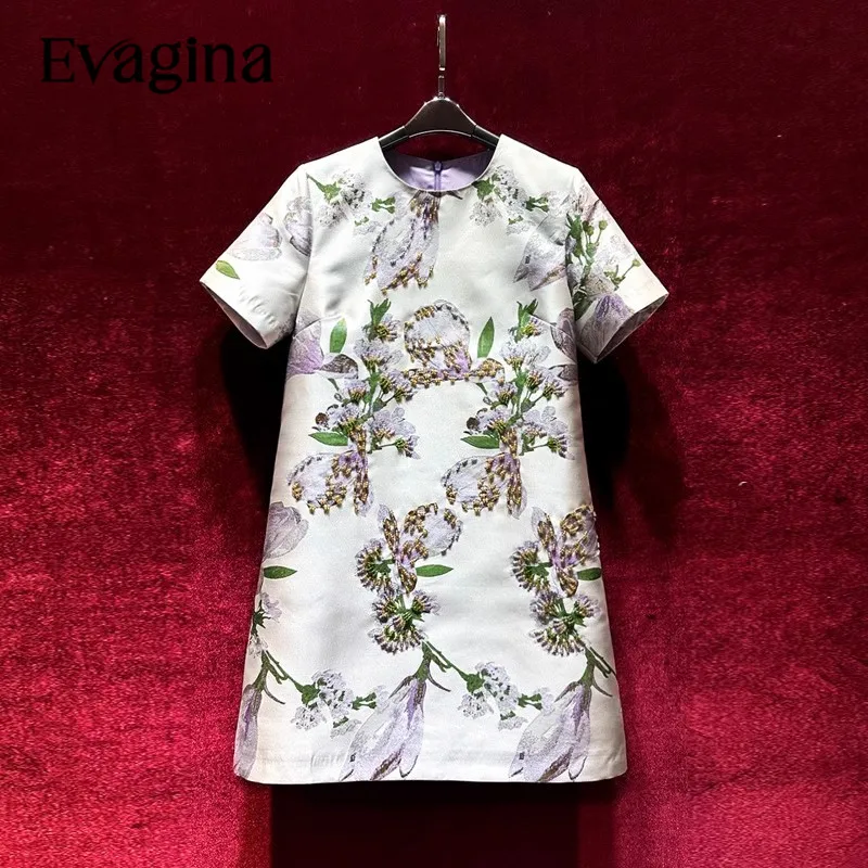 Evagina Spring Summer Short Sleeved Slim Mini dress Fashion Women's Beading Jacquard 2023 New Dresses