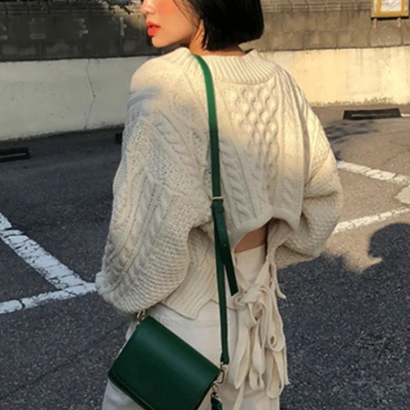 

Korean Fashion Knitted Pullover Loose Tops V Neck Back Waist Lace Up Short Sweater Long Sleeve Twist Sweaters Solid Sweet Jumper