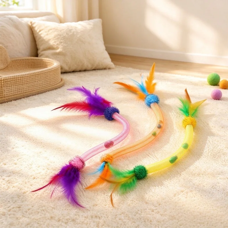 1/3Pcs Feather Cat Toy Elastic Mesh Tube Interactive Cat Teaser Wand Kitten Self Play Chew Toy Pet Supplies