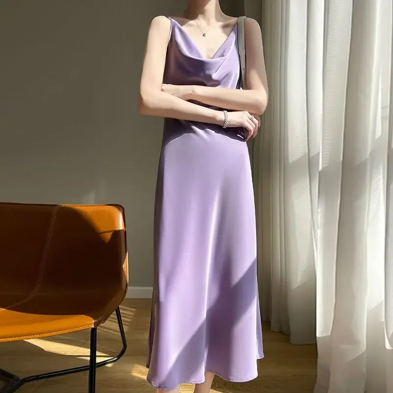 French Style Long Acetate Satin Swing Neckline Women Dresses High-end Design Niche Sexy Slip Dress The Lining Skirt of A Suit