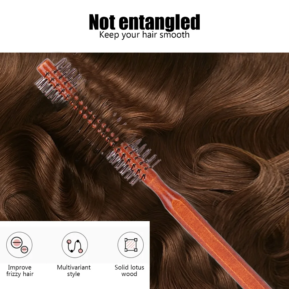 Wooden Handle Round Styling Hair Brush Small Size Professional Curling Roller Hairbrush Ergonomic Handle Nylon Bristles