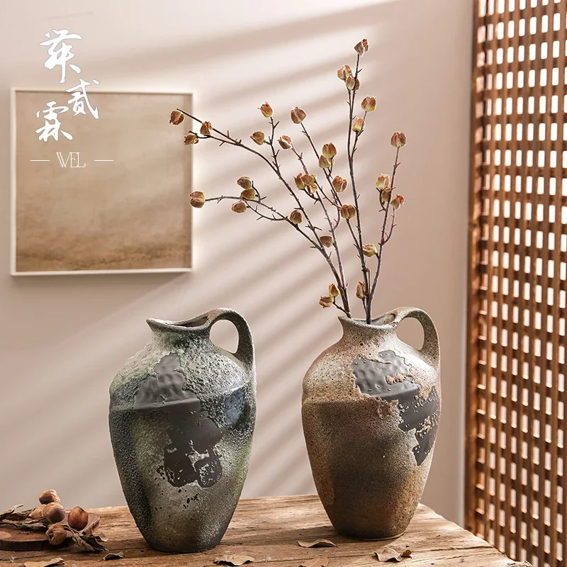 Vase retro ceramic art pottery pot small caliber high-end homestay flower arrangement