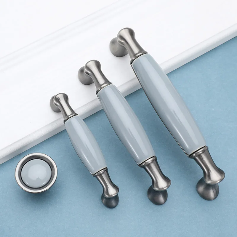 Blue-gray Ceramic Antique Kitchen Drawer Handles Vintage Handles Knobs and Pulls for Cabinets Metal Furniture Hardware