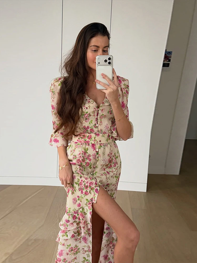 Padded Shoulder Ruffle Maxi Dress V-neck Low Slit Waist Cinching 2026 Summer Holiday Women Flowy Gown Chic Fashion Vestidoes