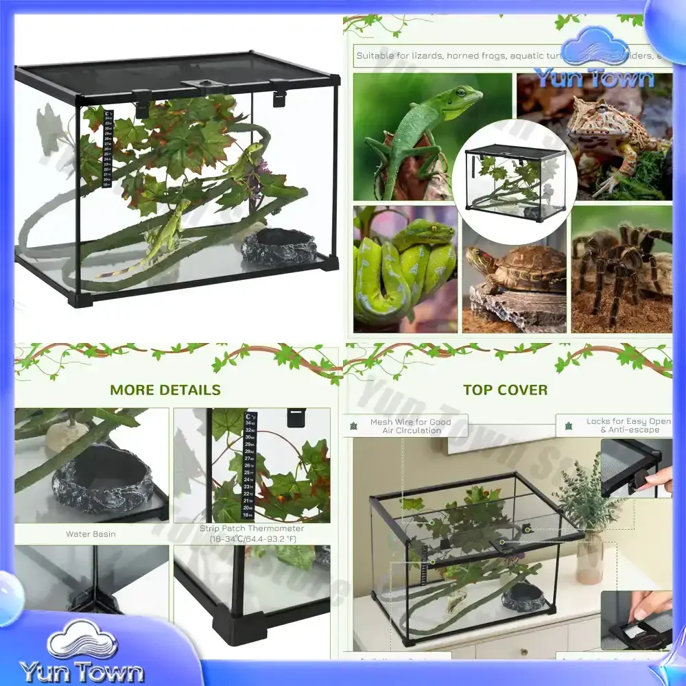 14 Gallon Reptile Glass Terrarium Tank with Decor Kit, Breeding Box Full View 20